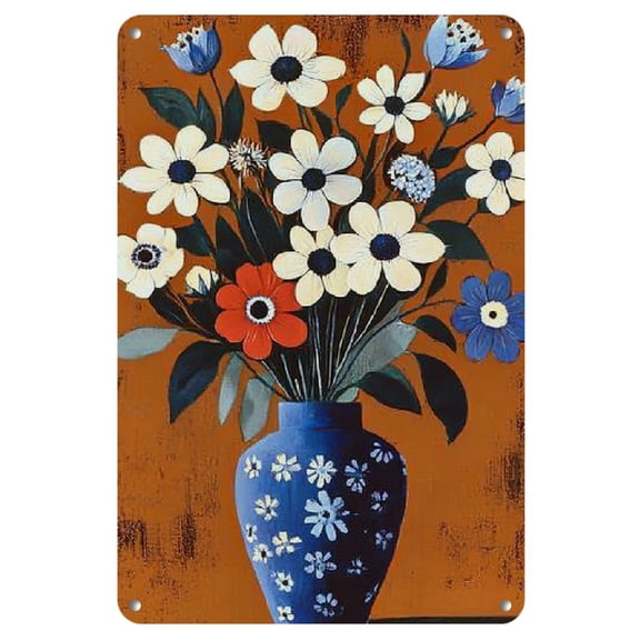 1pc Retro Abstract Floral Vase Metal Wall Art, Iron Vintage-Inspired Decorative Plaque, Distressed Finish, Ideal for Kitchen, Garage, Bar - 8x12 inches