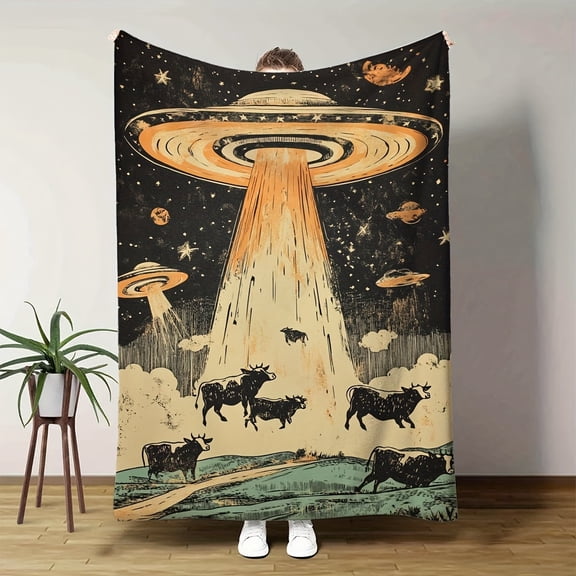 1pc Retro Alien Cow & UFO Space-Themed Flannel Blanket - Soft All-Season Bedspread with Flying Saucers, Cows & Stars - Cozy Couch, Camping, Travel, Office, Living Room Decor - Perfect Gift For Men, W