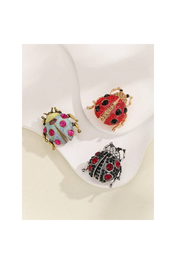 1pc Retro Blue Alloy Rhinestone Ladybug Brooch With Pink Gems, Decorative Pin For Womens Suit Coat Scarf