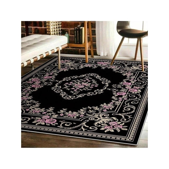 1pc Retro Bohemian Floral Vibrant Pink & Black Striped Design Area Rugs For Living Room, Floor Carpet For Bedroom, Carpets Home Decor Rugs, Homestay Hotel, Non-Slip Machine Washable Carpet,
