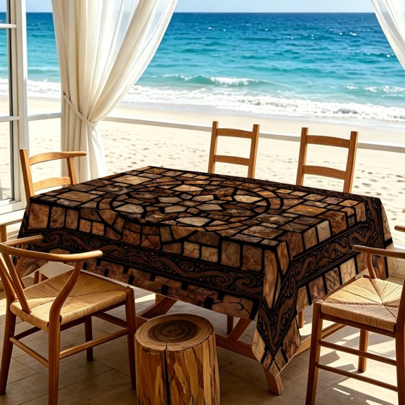 1pc Retro Brown Marble Mosaic Geometric Medallion Print Tablecloth, Kitchen Patio Stylish Holiday Dining Table Cover, Thanksgiving & Christmas Gifts