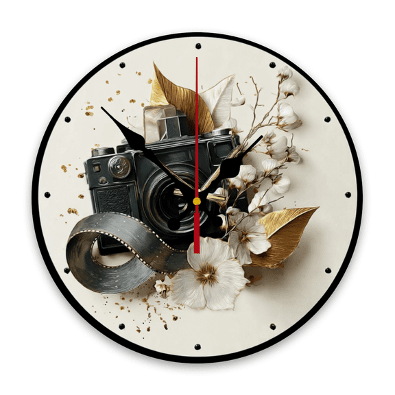 1pc Retro Camera Round Wooden Wall Clock, 10Inch Wooden Round Silent Movement, Battery Powered, Suitable for Meditation, Living Room, Bedroom, And Dining Room Decoration - AA Batteries Not Inc