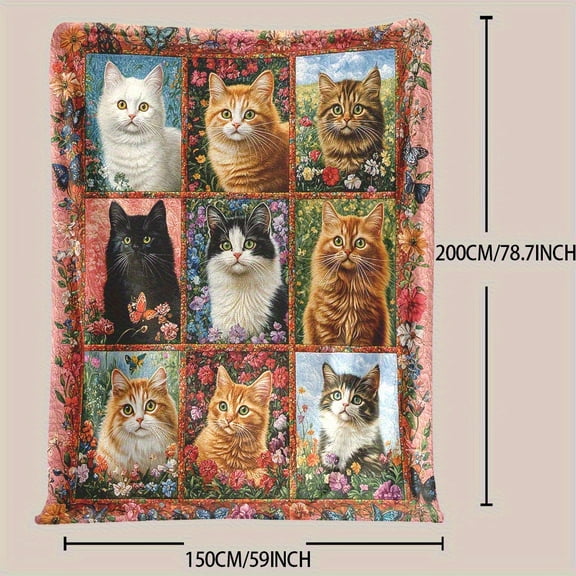 1pc Retro Cat and Floral Pattern Soft Warm Flannel Blanket - Vibrant Colors, Quilted Polyester, Perfect for Naps, Camping, Travel, Car, Office & Home Decor | Ideal Gift for Friends