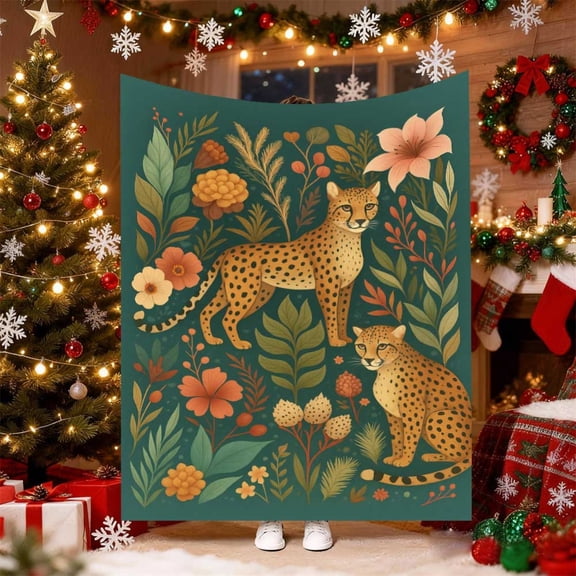1pc Retro Cheetah & Jungle Print Flannel Blanket - Soft Warm All-Season Throw Suitable for Sofa, Bed, Office & Travel, Multicolor Botanical Bedspread with Cheetah Patterns, Cozy Bedding for And