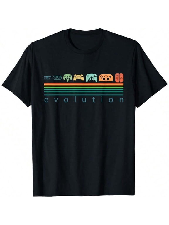 1pc Retro Game Controller Evolution Rainbow Stripe T-Shirt, Vintage Gaming Console Graphic, Black Casual Cotton Tee