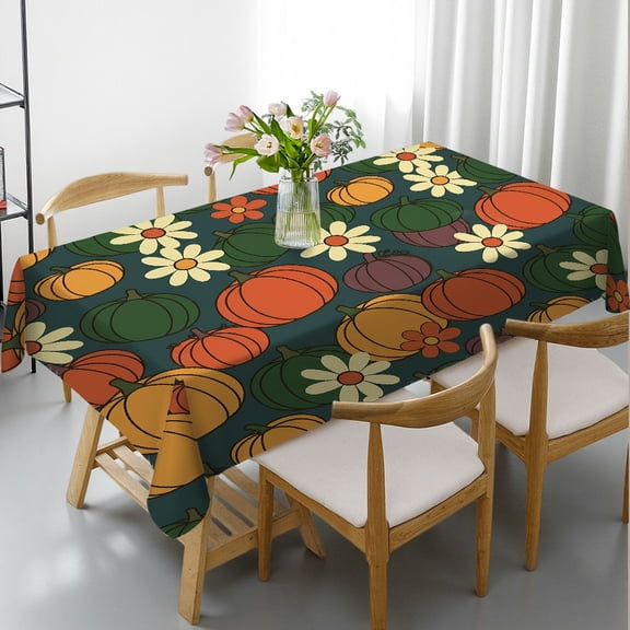 1pc Retro Groovy Pumpkin Patch Print Rectangular Tablecloth, Kitchen Accessories Holiday Party Tablecloth, Retro Groovy Pumpkin Patch