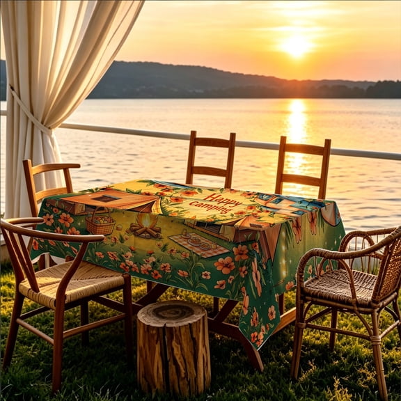 1pc Retro Happy Camping Floral 2D Printed Tablecloth, Camper Van Campfire Table Cover, Kitchen Patio Camping Trip Decor, Christmas Gift for Nature Camping Lovers