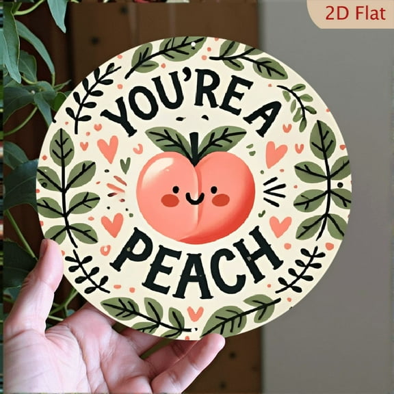 1pc Retro Metal Circular Aluminum Painting - _You're a Little Peach_ Wall Art, Vintage Style with Whimsical Peach & Leaf Design, Perfect for Bedroom, Living Room, Dining Room, 8*8inch