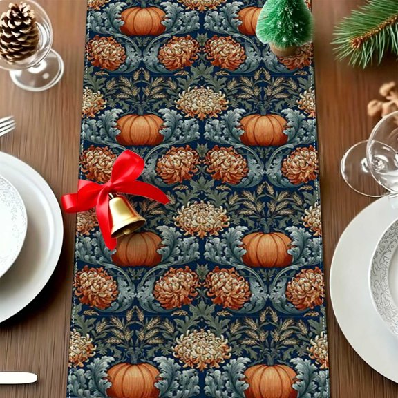 1pc Retro Orange Pumpkin Botanical Damask Table Runner, Fall Home Photoshoot Prop, Holiday Gifting Gift Thanksgiving Christmas
