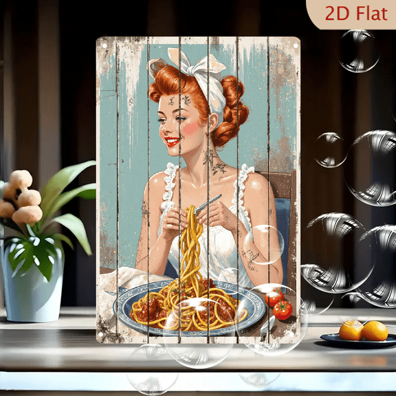 1pc Retro Pin-Up Metal Wall Art, 8x12 Inches, Vintage Woman Eating Spaghetti with Meatballs, Floral Tattoo Girl, Faded Teak Wood Background, Whimsical Mid-Century Decor