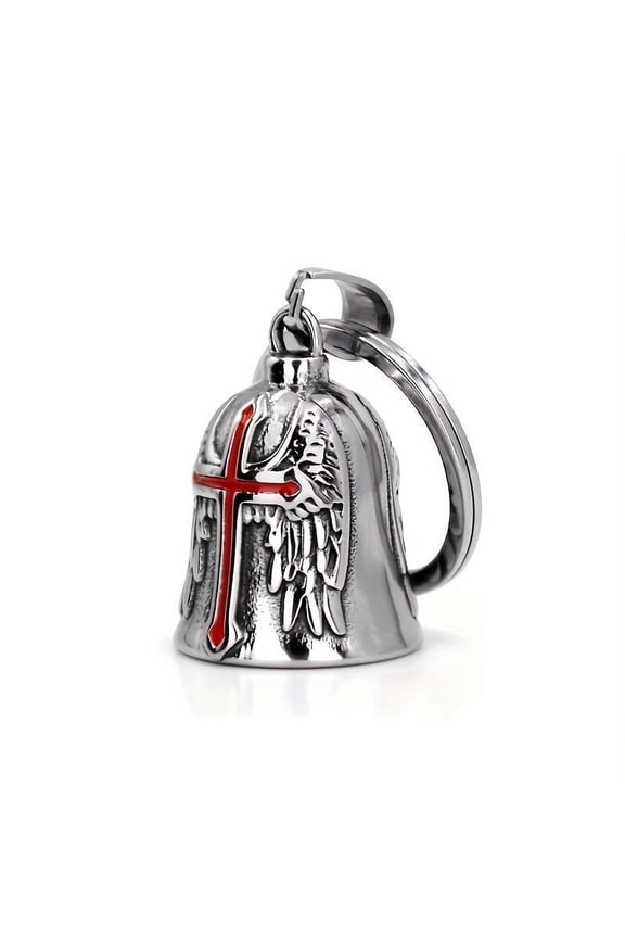 1pc Retro Punk Style Guardian Bell Motorcycle Accessory - Angel Wing & Cross Lucky Bell for Riders, Metal Pendant Protector Charm
