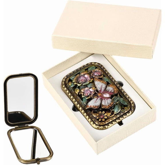 1pc Retro Rectangle Alloy Fold Mirror with Glass Mirror Surface Butterfly 10.2x6.05x2.15~2.25cm DIY