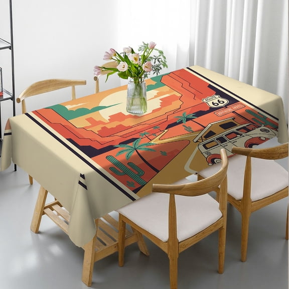 1pc Retro Southwest Road Trip Print Rectangular Tablecloth, Holiday Party Tablecloth Kitchen Accessories, Retro Southwest Road Trip