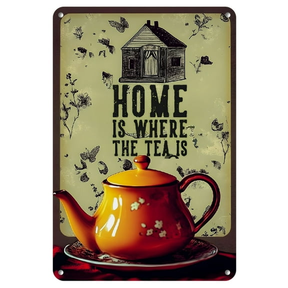 1pc Retro Teapot Tin Sign with "Home is Where the Tea Is" Quote, Vibrant Yellow Metal Wall Decor, Vintage Kitchen Art for Tea Lovers, 8x12 Inches/20x30cm, Perfect for Cozy Spaces