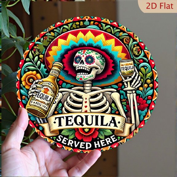1pc Retro Tequila Skeleton Round Aluminum Label - Vintage Metal Wall Decoration for Home, Bar, Cafe - Aluminum Artist Drawing Set 8*8inch