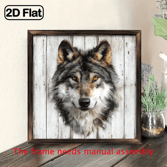 1pc Retro Wolf Head Oil Painting Wall Art - 8x8 Inches Rustic Wood Frame Wildlife Decor, Horizontal Portrait of a Wolfshead Suitable for Living Room, Bedroom, Office - Natural Wood Framed Indoor H