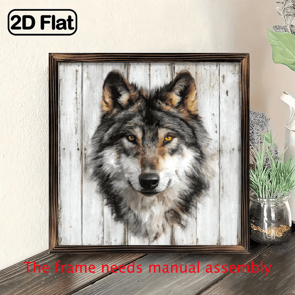 1pc Retro Wolf Head Oil Painting Wall Art 8x8 Inches Rustic Wood Frame Wildlife Decor, Horizontal Portrait of a Wolfshead Suitable for Living Room, Bedroom, Office Natural Wood Framed