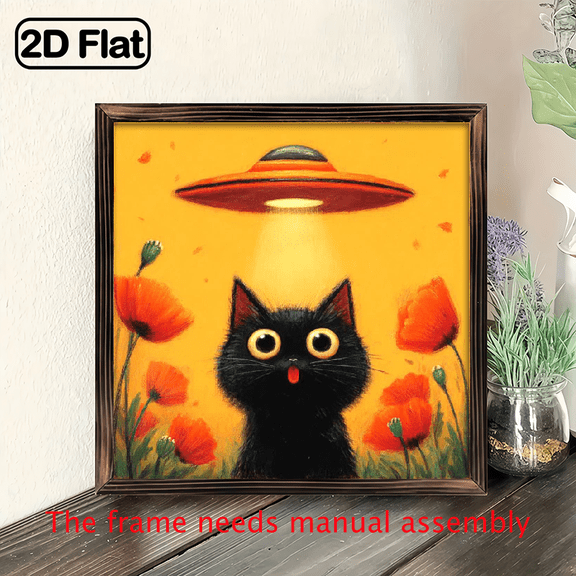 1pc Retro Woodblock PrintBlack Cat With UFO, Vintage Sci-Fi Floral Wall Art In Orange Red, Framed Wooden Decoration For Living Room, Bedroom, Kitchen- Easy Hang Hooks- Halloween, Christmas, Indepen