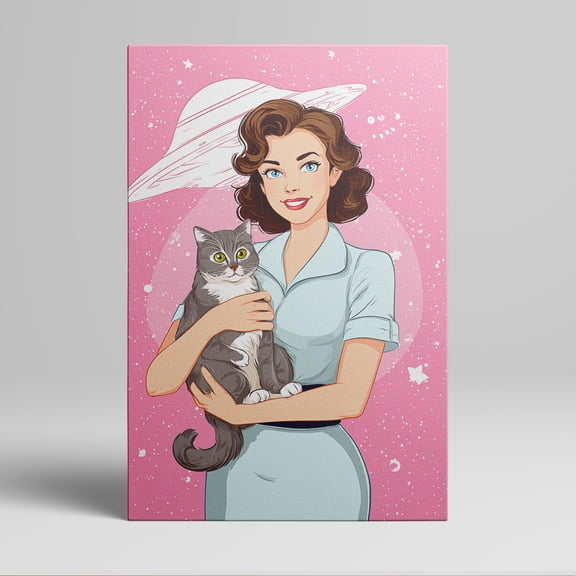 1pc Retro - style Pin - up Girl Holding a Cat with a Space - themed Background Framed Decor room hanging Wall Picture Decor for Home Gifts, living room, bathroom, bedroom, kitchen wall art decor