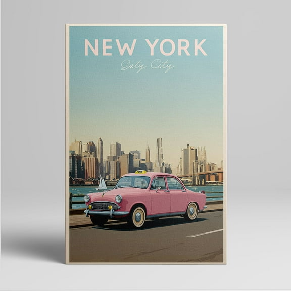 1pc Retro - style Pink Taxi and New York City Skyline Framed Decor room hanging Wall Picture Decor for Home Gifts, living room, bathroom, bedroom, kitchen wall art decor canvas wall art