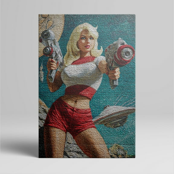 1pc Retro - style Sci - fi Pin - up Girl Canvas Wall Art with Futuristic Blasters, framed Decor room hanging Wall Picture Decor for Home Gifts, living room, bathroom, bedroom, kitchen wall art decor