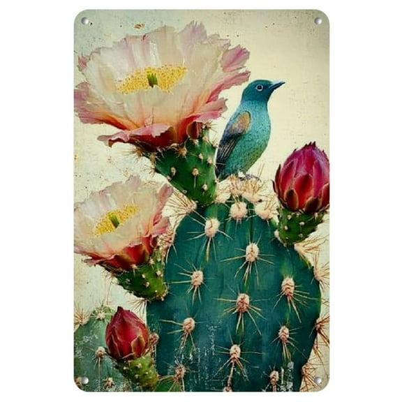1pc Reusable Iron Metal Cactus Flower Tin Sign Wall Art - Vintage Style Decor for Home, Bar, Pub, Cafe - Weather-Resistant Poster, Pre-Drilled for Easy Hanging, 14+ Age Group (8x12 Inch)