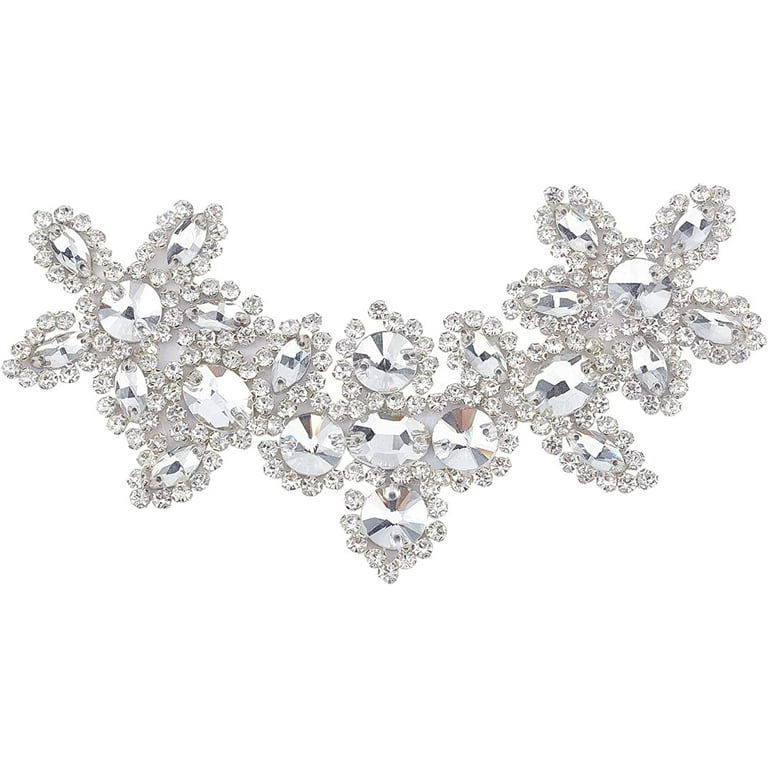 1pc Rhinestone Applique Silver V-Neck Neckline Crystal Applique