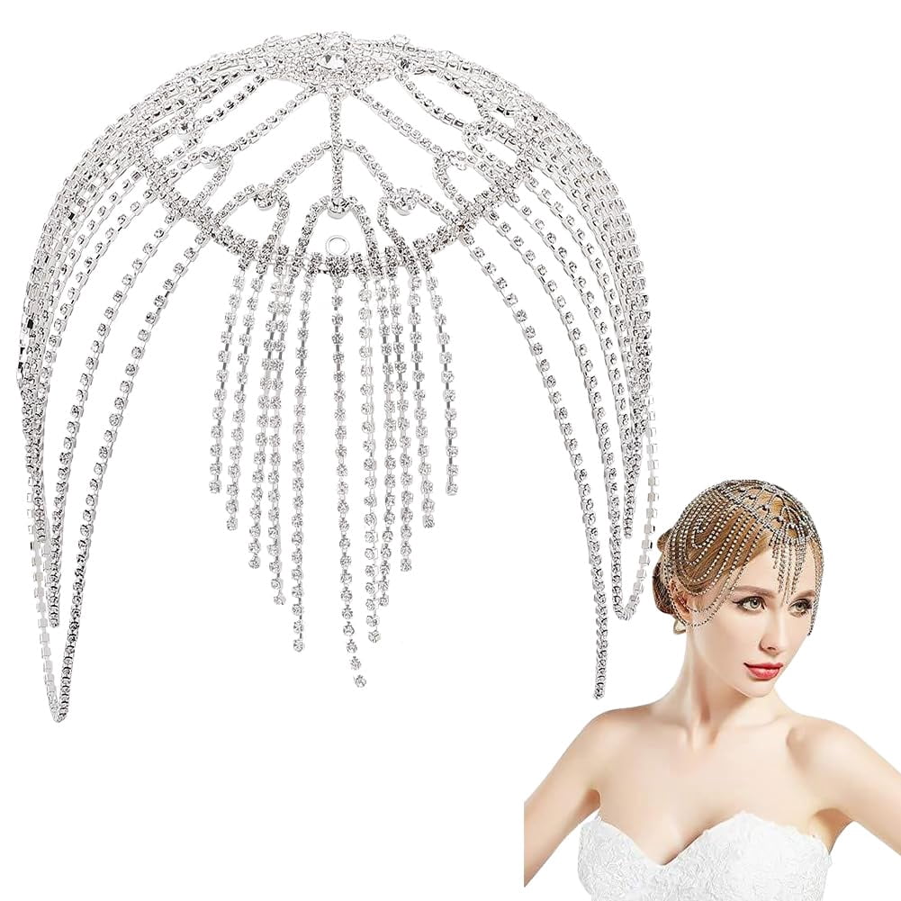 Rhinestone Head Chain Gatsby Cap Wedding Bride 1920s Flapper Hair Accessory STONEFANS Wedding Rhinestone Flapper Headpiece Headband  main image 4