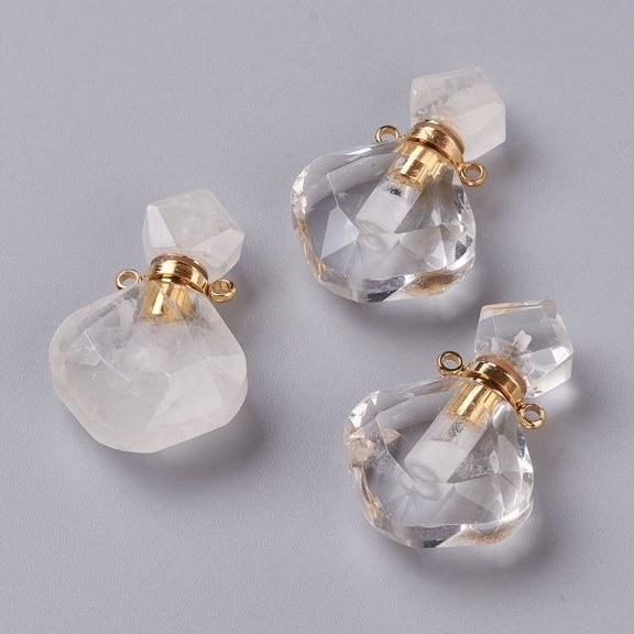 1pc Rhombus Natural Quartz Crystal Perfume Bottle Pendants Rock Crystal Rock Crystal with 304 Stainless Steel Findings Faceted Golden 26~27x17~17.5x8~8.5mm Hole: 1.4mm Capacity: 2ml(0.06 fl. oz)