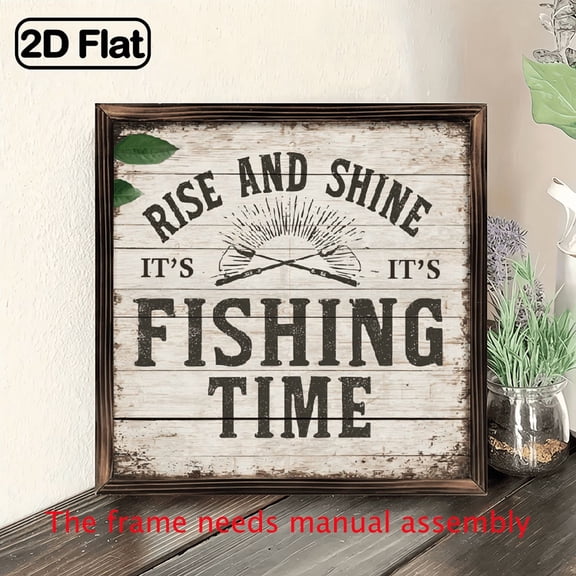 1pc Rise and Shine It's Fishing Time Wood Framed Sign - Vintage Rustic Wall Art, 8x8 Inch Recycled Wood Inspirational Decor for Dad Mom, Father's Day Mother's Day Gift, Home Office Cabin Wall Decor