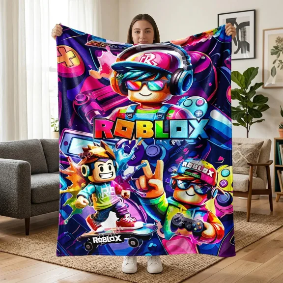 1pc Roblox Game Character Themed Fleece Blanket, Soft Throws Blanket, Block Characters, Game Controllers & Neon Letters All-Over Print, Cyber Street Gaming Style, Soft Multi-use Throw for Sofa, Bed