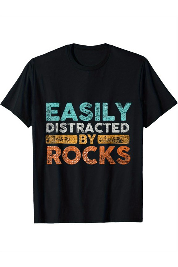 1pc By Rocks Gift T-Shirt | Unisex Adult Casual Loose Fit Black Tee with Distressed Rock Graphic, Hand Wash Only, Crew Neck, Short Sleeve, Slight Stretch Fabric