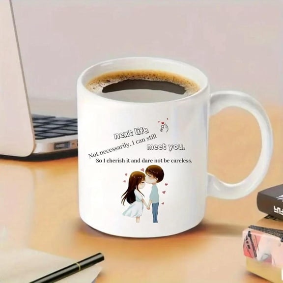 1pc Romantic Ceramic Coffee Mug 11OZ Insulated Reusable Cup with Loving Quote Couples Wash Multipurpose Use
