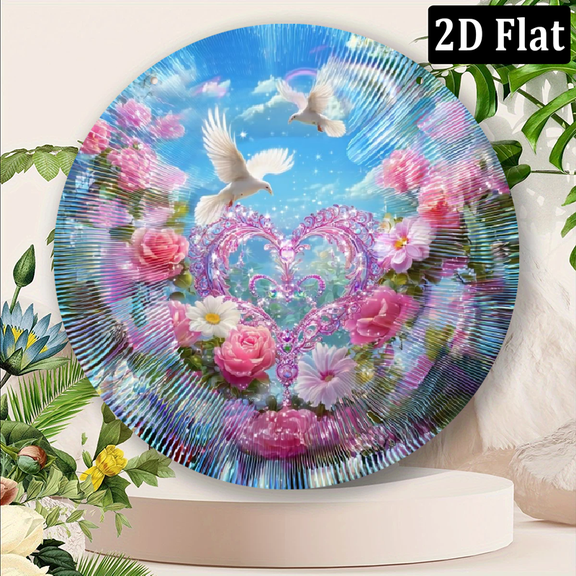 1pc Romantic Dove Heart Floral Fantasy Round Metal Sign - 8*8 Inch No Batteries Needed, Garden Patio Decor with Doves, Roses Butterflies Design for Outside, Backyard Decor Mother's Day and Spring