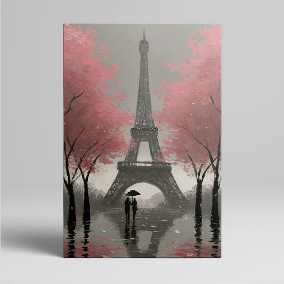 1pc Romantic Eiffel Tower Canvas Wall Art with Pink Blossoming Trees and a Couple Under an Umbrella in the Rain, framed Decor room hanging Wall Picture Decor for Home Gifts, living room, bathroom,