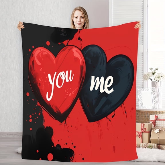 1pc Romantic Heart Pattern Flannel Blanket - Red and Black Color with "You Me" Words, Ultra Soft All-Season Couple, Gift - Perfect for Camping, Travel, Home Decor & Cozy Naps