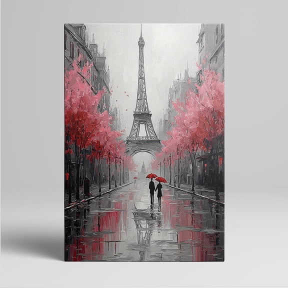 1pc Romantic Parisian Scene Canvas Wall Art with Eiffel Tower, Pink Blossom Trees and Couples Holding Red Umbrellas on a Rainy Day, framed Decor room hanging Wall Picture Decor for Home Gifts,