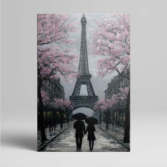 1pc Romantic Parisian Scene with Eiffel Tower, Cherry Blossoms and Couples Holding Umbrellas Framed Decor room hanging Wall Picture Decor for Home Gifts, living room, bathroom, bedroom, kitchen wall