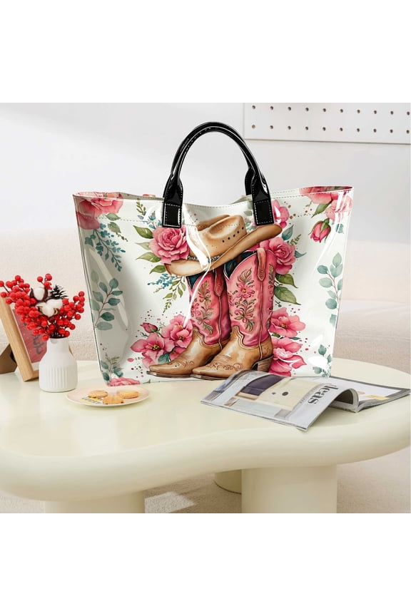 1pc Romantic Pink Rose Floral Cowboy Boots Print Tote Bag, Versatile For Campus Daily Travel Casual Use, Thanksgiving & Christmas Gifts