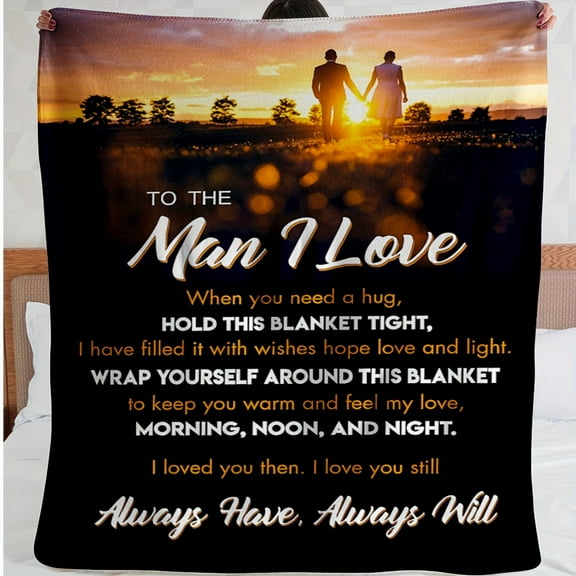 1pc Romantic Sunset Couple Flannel Blanket for Husband "to the for Man I Love" Message All Season Soft Throw Valentine's Day & Birthday Gift for Him from Wife Hand Wash Only Blanket