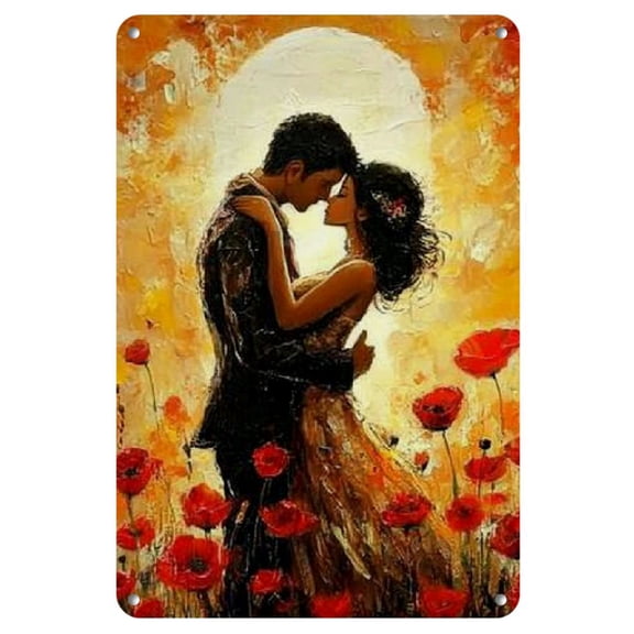1pc Romantic Sunset Love Embrace Tin Sign - 8"x12" Vintage Iron Wall Art, Warm Golden Hues with Couple in Flower Field Scene - Ideal for Home & Bar Decor to Enhance Your Love Vibe, Love Decor