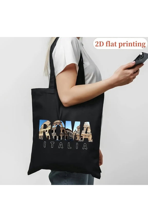 1pc Rome Italy Colosseum Tote Bag - Double-Sided Rome Landmarks Print (Colosseum & Roman Forum), Durable Polyester Unisex Travel Bag with Sturdy Black/White Italy Lettering & Italian Flag Design - Ha