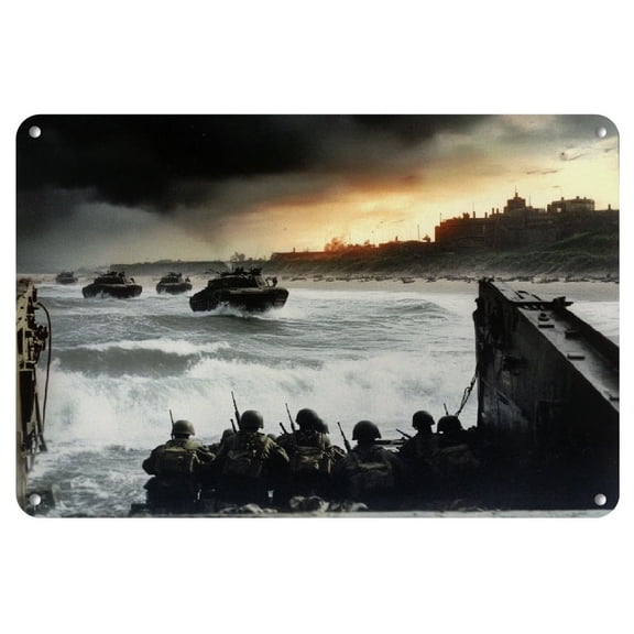 1pc, Room Decor D-Day Invasion Normandy Omaha Beach Vintage War Photo Iron Tin Sign, 8x12 Inch, Waterproof, Pre-Drilled, Weather-Resistant Wall Art Decor with for Home, Bar, Cafe, Office