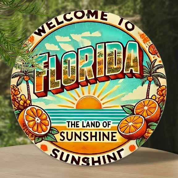 1pc Room Decor Vintage Florida Welcome Sign - 8X8 Aluminum Metal Wall Listing, Multi-Purpose Vintage Art for Home, Bar, Garden, Cafe, Restaurant, Farmhouse, Garage, Patio Decoration Metal Sign Wall