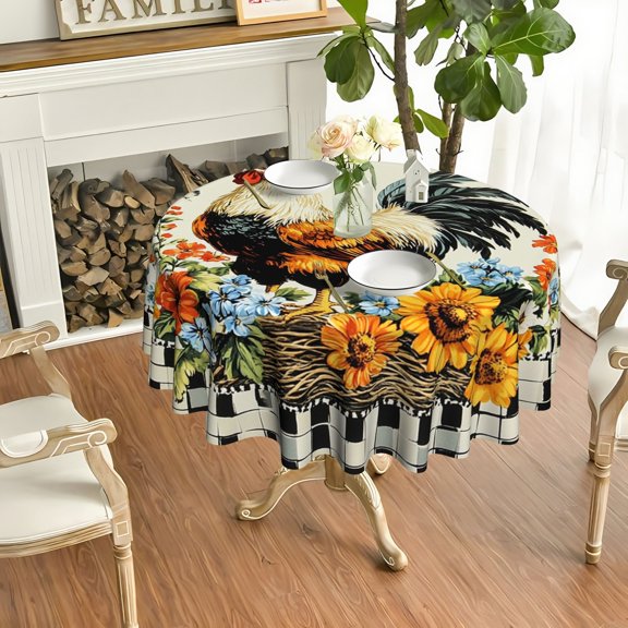 1pc Rooster Sunflower Print Round Table Cover, Summer Solstice Dining Tablecloth, Decorative Cover for Farmhouse Casual Party Gatherings, 35/49/60/71 Inch