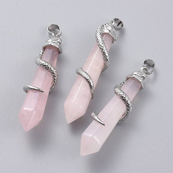 1pc Rose Quartz Big Pointed Pendants with Brass Bails Faceted Bullet with Snake 59~61.5x11~12x11~12mm Hole: 5x8mm
