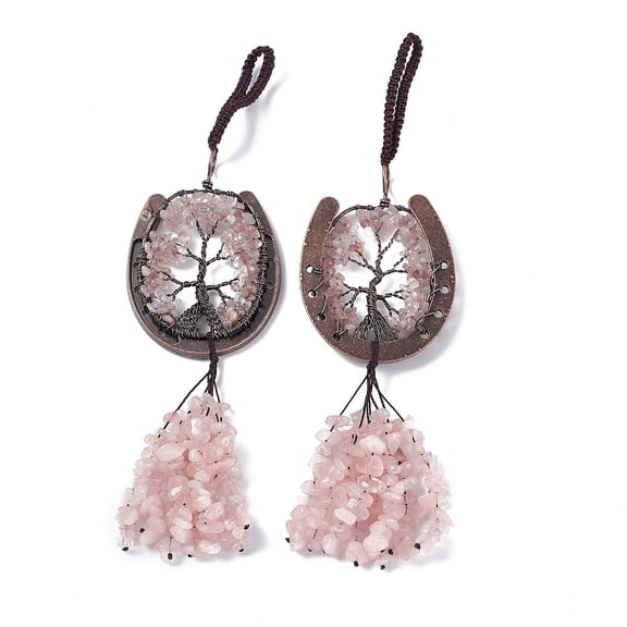 1pc Rose Quartz Chip Tree of Life Pendants Decoration Brass Horse Shose Tassel Gems Hanging Ornaments 220mm : 170x59x7mm