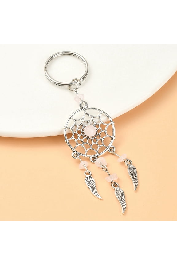 1pc Rose Quartz Chips Keychain with style Pendants and 316 Surgical Stainless Steel Key Ring Woven Net/Web with Feather 107mm : 82x28x7mm