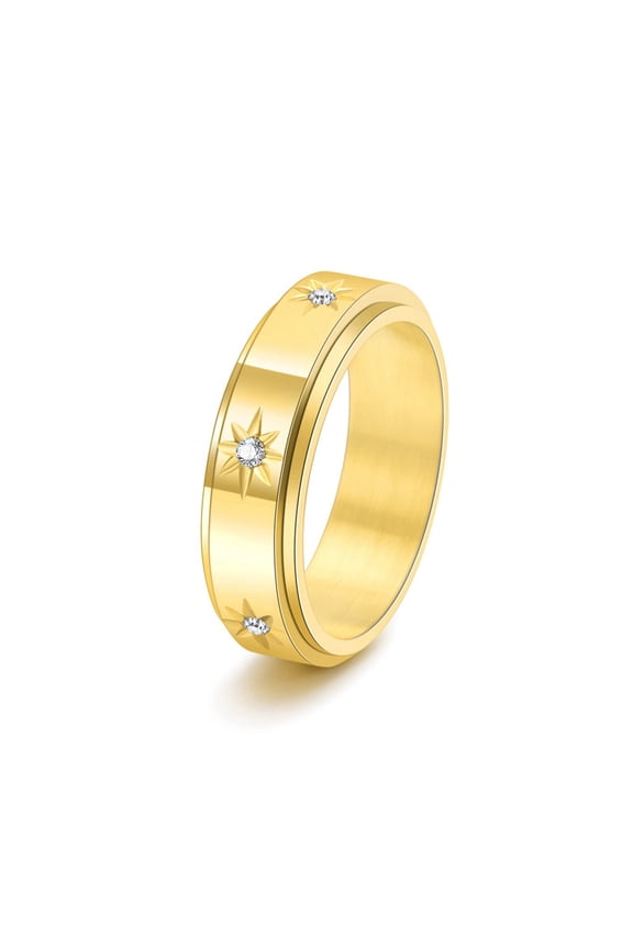 1pc Rotatable Stainless Steel Finger Ring with Rhinestone for Couples Golden Size 9(18.9mm)