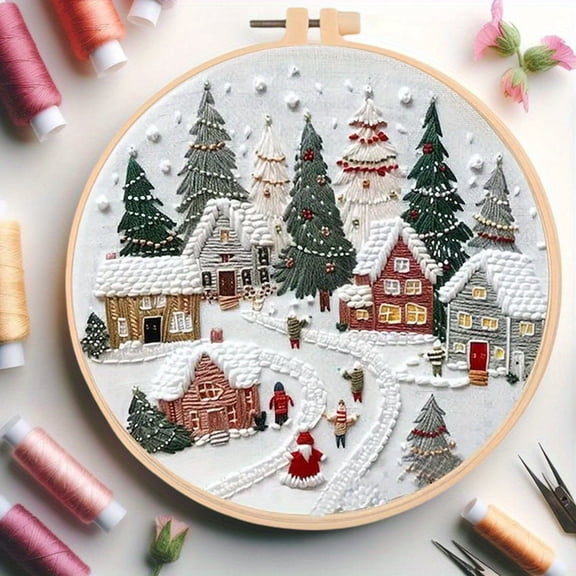 1pc Round Embroidery Kit House Tree Embroidery Supplies DIY Embroidery Landscape Handmade Needlework Christmas Home Decoration